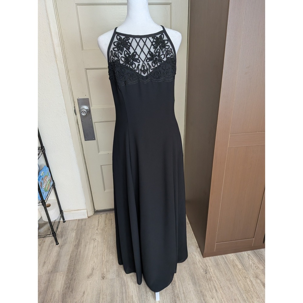90s Vintage Scott McClintock Petites Black Mesh Embroidered‎ Formal Dress 8P